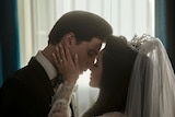 Jacob Elordi in character as Elvis and Cailee Spaeny as Priscilla on their wedding day.