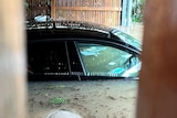A black Audi submerged in floodwaters