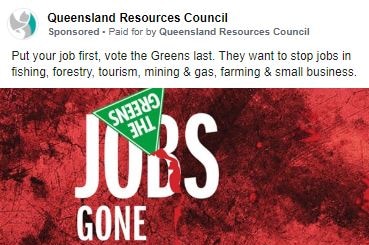 The Queensland Resources Council ad shows the words JOBS GONE with the Greens sign tied onto the word JOBS and safety helmets