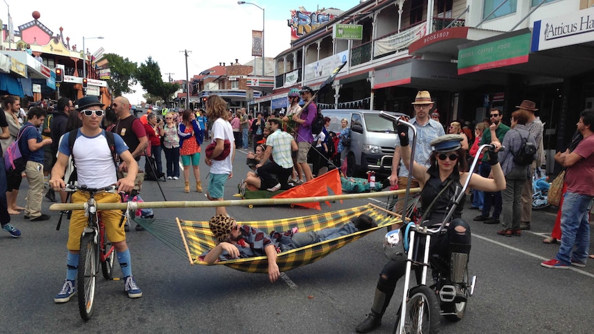 One of the teams line up equipped with a hammock to ride along Boundary Street, West End