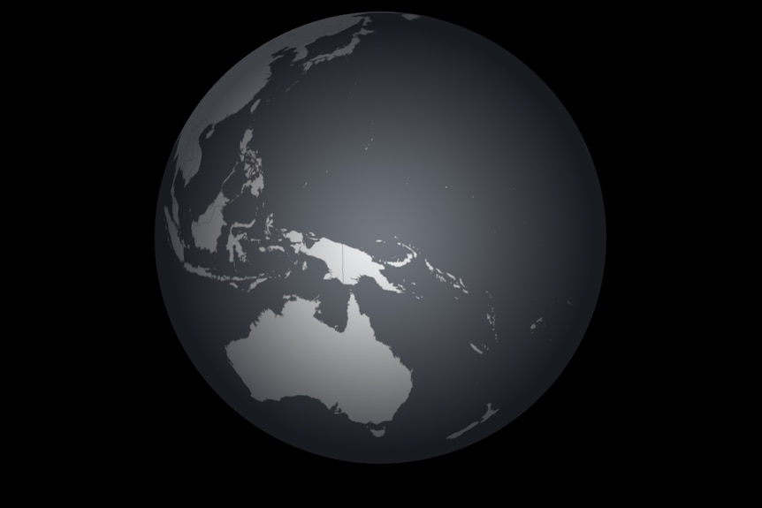 A black and white globe of the Earth. Australia is visible in the bottom left.