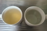 Two tea cups on a kitchen sink, the one to the left contains slightly brown water while the one to the left is clear.