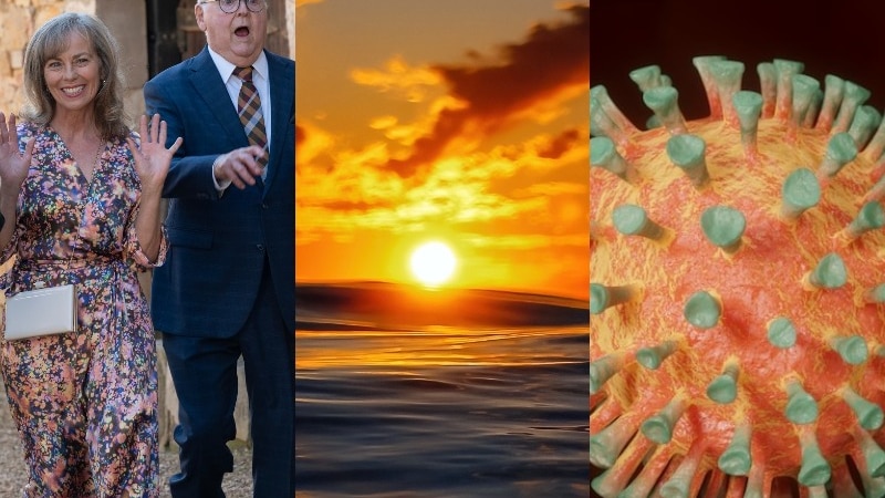 A composite picture of a scene from Neighbours, a sunset and an image of a virus.