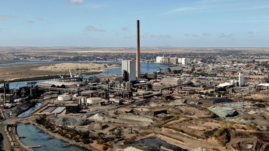 An aerial photo of a large industrialm work site in Port Pirie