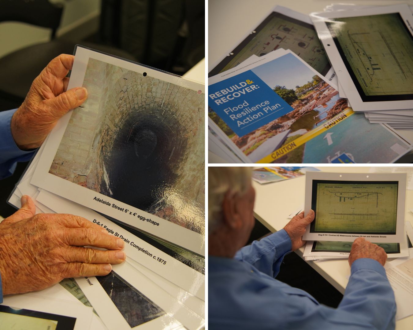 A collage of photos shows a man looking at photos and plans of stormwater drains.