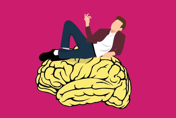 A graphic image of a man reclining on a brain as if in mid-conversation