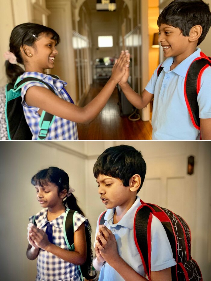 A composite image of two children high-fiving and also praying