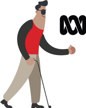 Cartoon man with cane and dark glasses and ABC logo