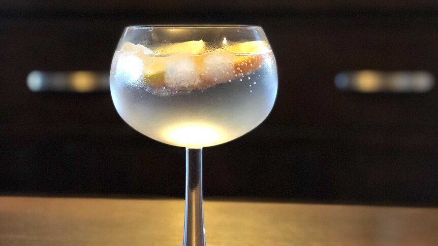 Gin in a glass sitting on a bar.