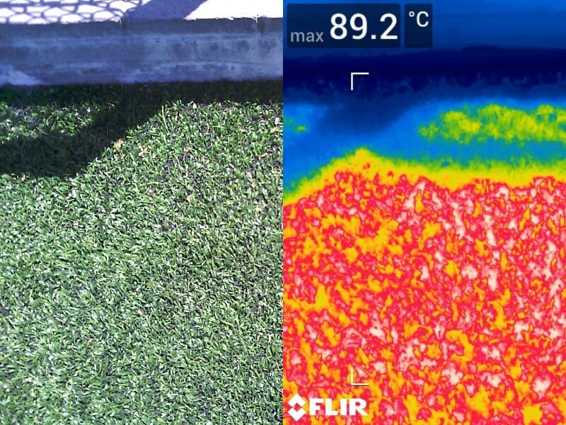 Synthetic grass beside an infrared image showing high heat.