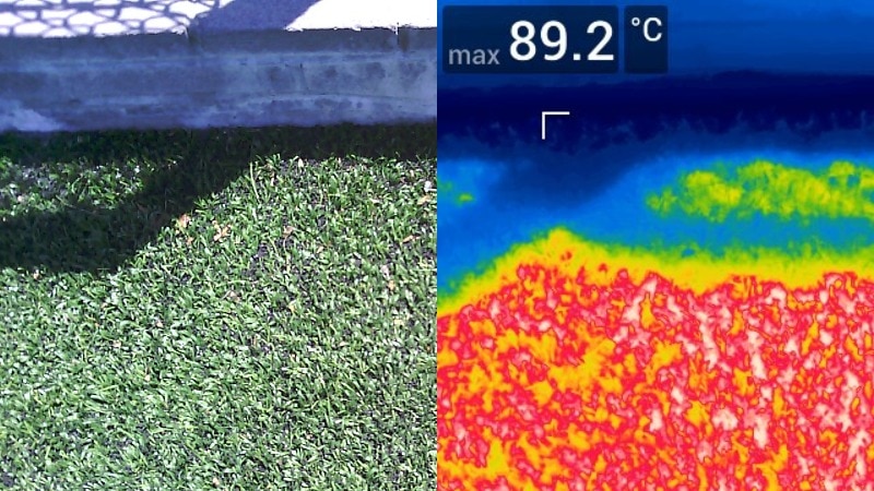 Synthetic grass beside an infrared image showing high heat. 