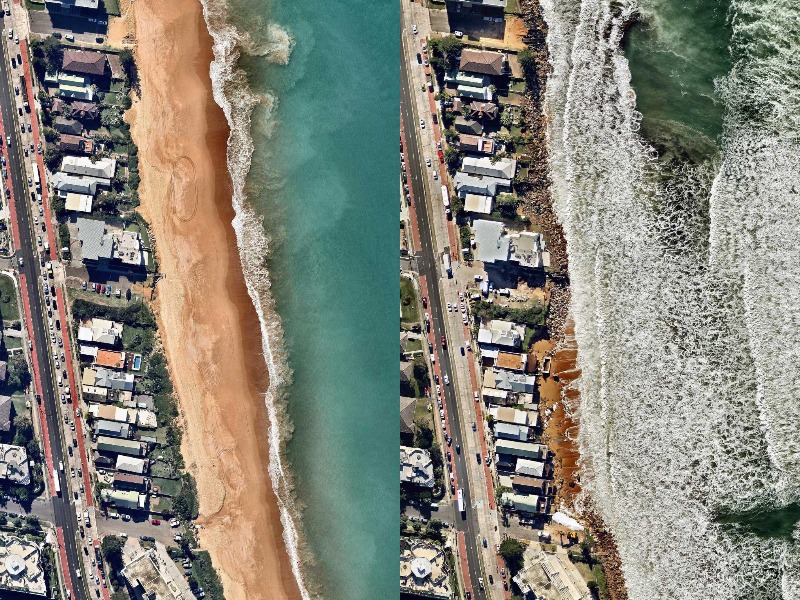 A normal beach compared with damage after high tide.