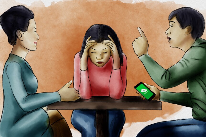 An illustration shows a woman resting her forehead on her fingers as two adults sitting aside her argue.