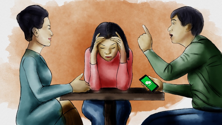 An illustration shows a woman resting her forehead on her fingers as two adults sitting aside her argue.