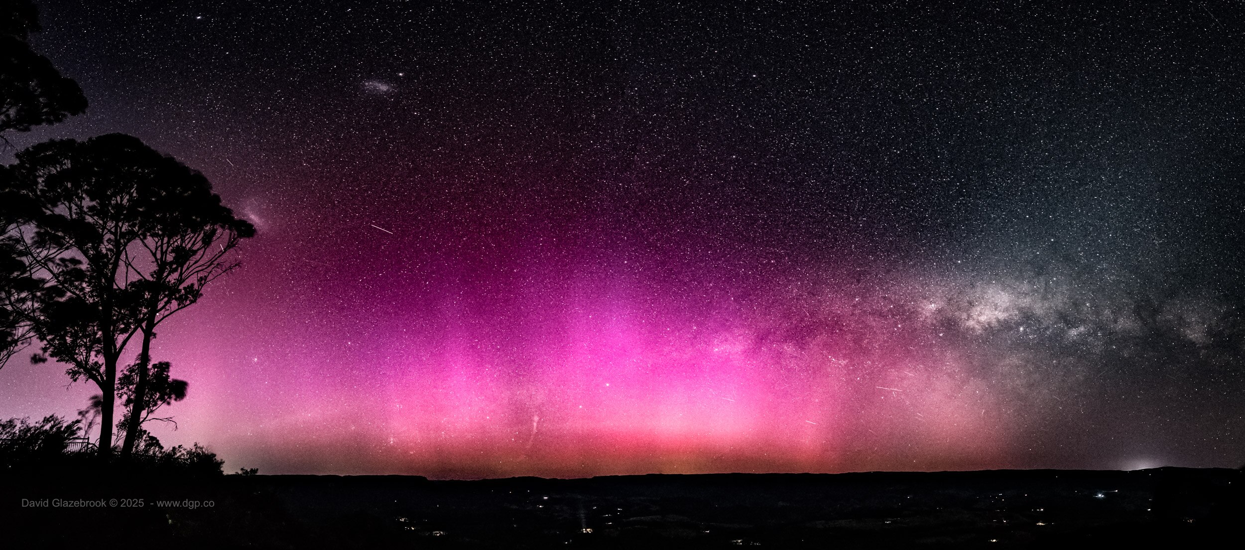 Um céu rosa à noite cercado por árvores e estrelas brilhantes