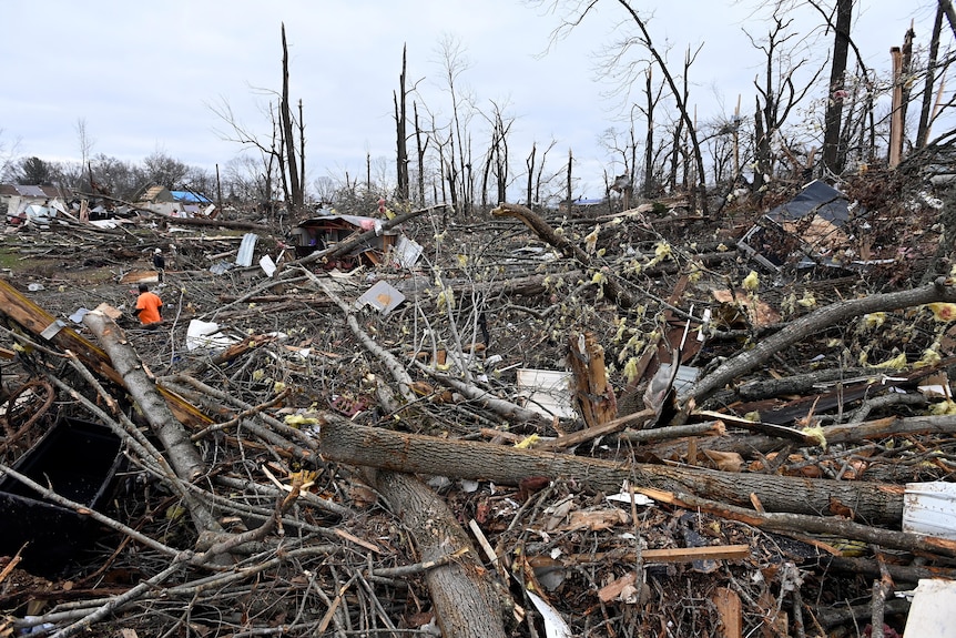 A man in orange stands amid piles of broken branches and building materials