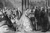 A wedding takes place at St George's Church, Hanover Square, London, circa 1850.