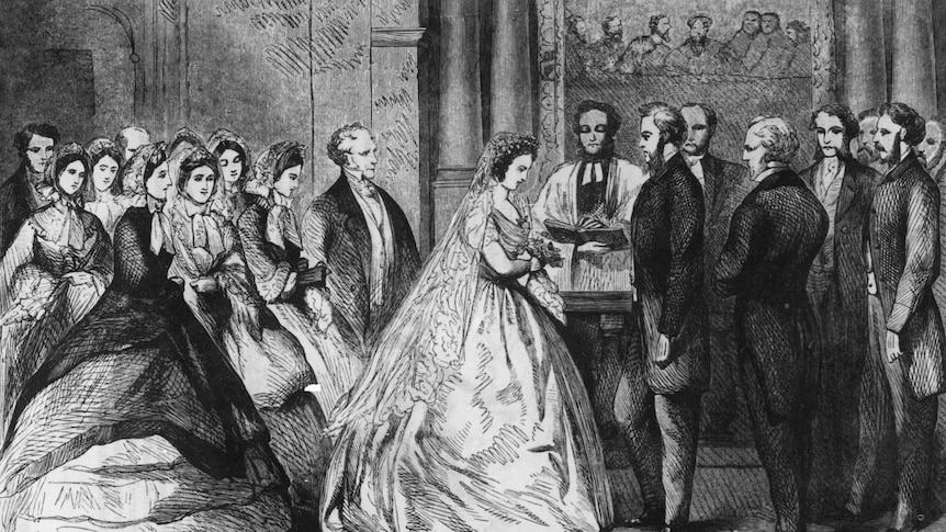 A wedding takes place at St George's Church, Hanover Square, London, circa 1850.