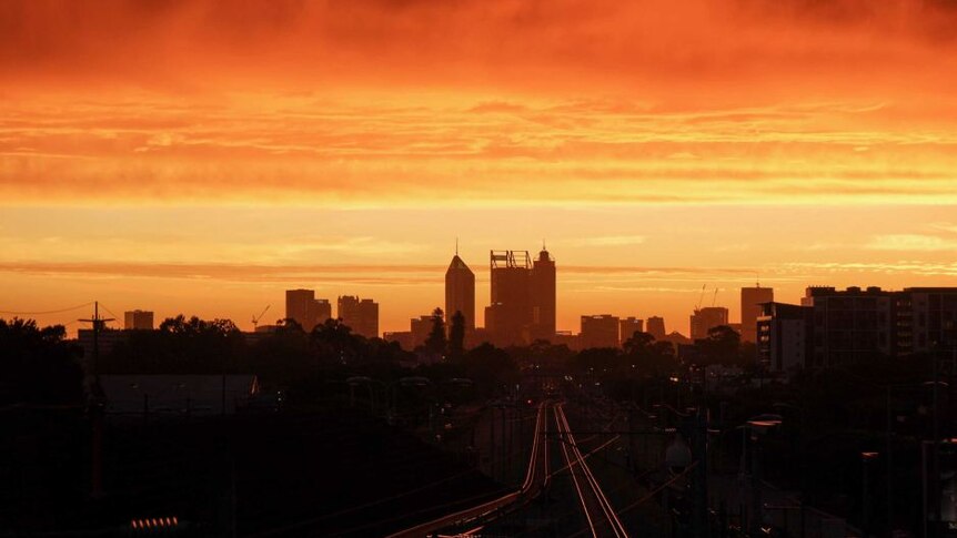 Perth's city skyline at sunset