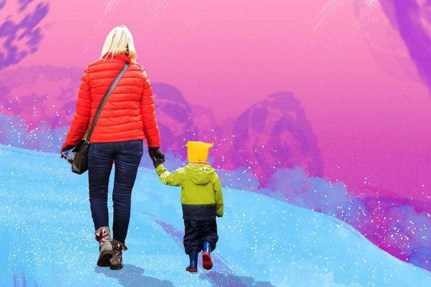 A woman in a red jacket holds the hand of a small child in a green jacket with a yellow beanie on as they walk away