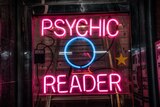 A neon sign showing the words Psychic in light blue and Tarot Card in purple.