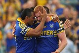 Parramatta's Shane Shackleton (right) is congratulated by Etu Uaisele after scoring the winning try.