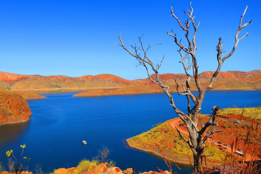 A Lake surrounded by a red dirt landscape.
