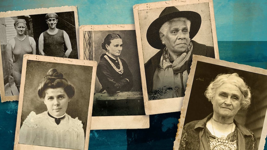 Collage of five photos of prominent women. Edith Cowan, Fanny Durack and Mina Wiley, Dr Evelyn Scott and Louise Mack