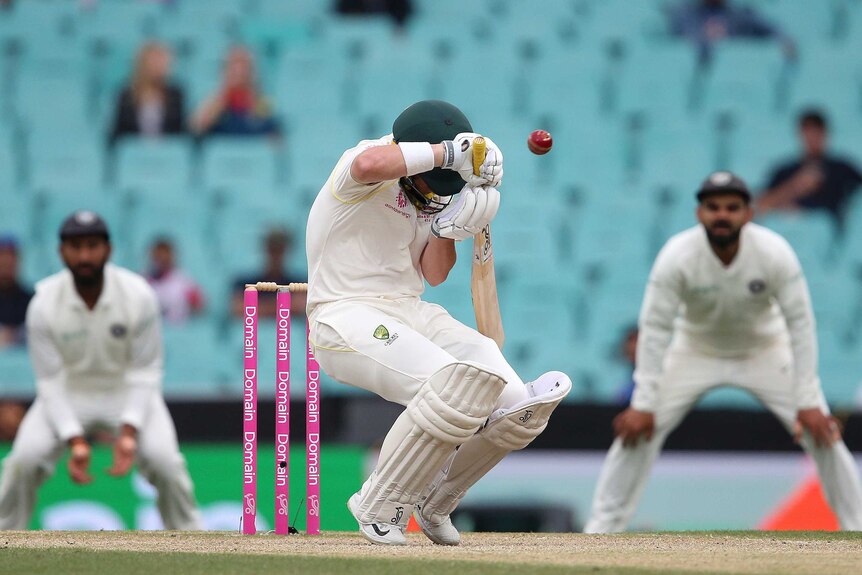 Marcus Harris is hit by a rising delivery playing for Australia against India at the SCG on January 6, 2019.