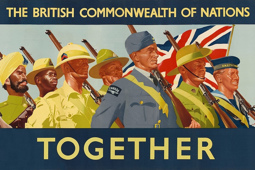A poster showing different members of the British Commonwealth march with rifles with a union jack on the far right.