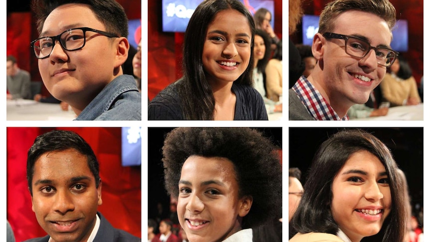 A collage of six students taking part in a television panel show