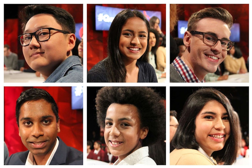 A collage of six students taking part in a television panel show