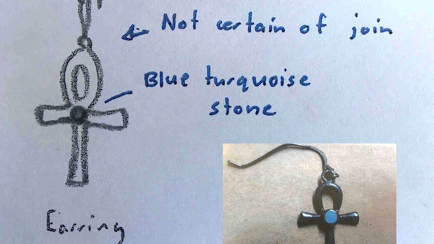 A sketch of the earing with words "not certain of join" and "blue turquoise stone", inset with a very similar-looking earing.