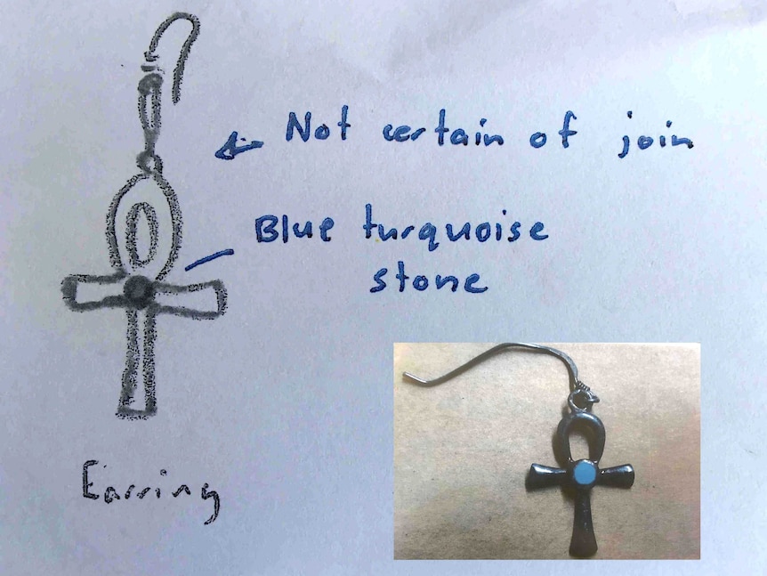 A sketch of the earing with words "not certain of join" and "blue turquoise stone", inset with a very similar-looking earing.