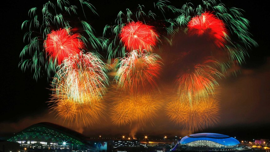 Fireworks explode during the closing ceremony of the Sochi Winter Olympics