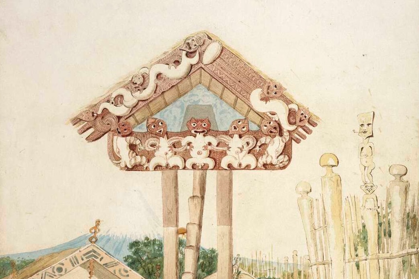 A drawing of a small building with a pitched roof raised high on stilts and covered in ornate carvings. 