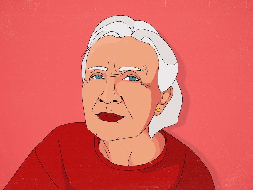 An illustration of an older woman with white hair on a red background