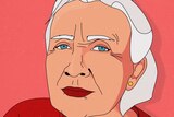 An illustration of an older woman with white hair on a red background