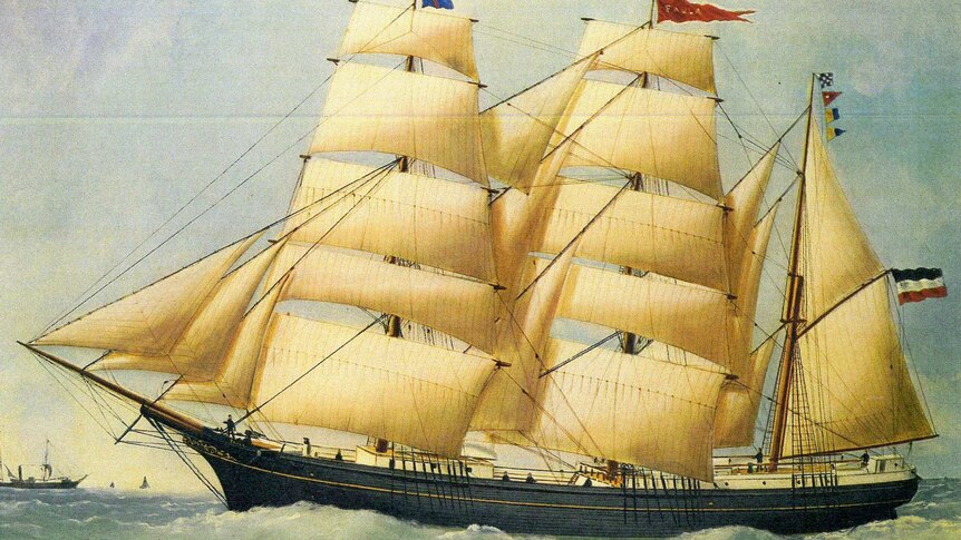 An artist's drawing of the German merchant sailing barque Paula in 1880 with tall white sails, a blue hull and flags atop it.