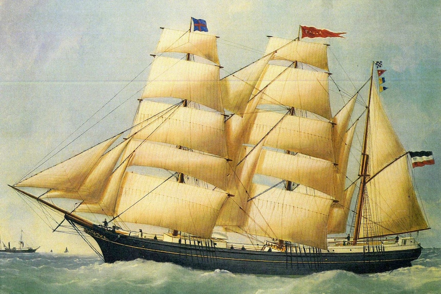 An artist's drawing of the German merchant sailing barque Paula in 1880 with tall white sails, a blue hull and flags atop it.