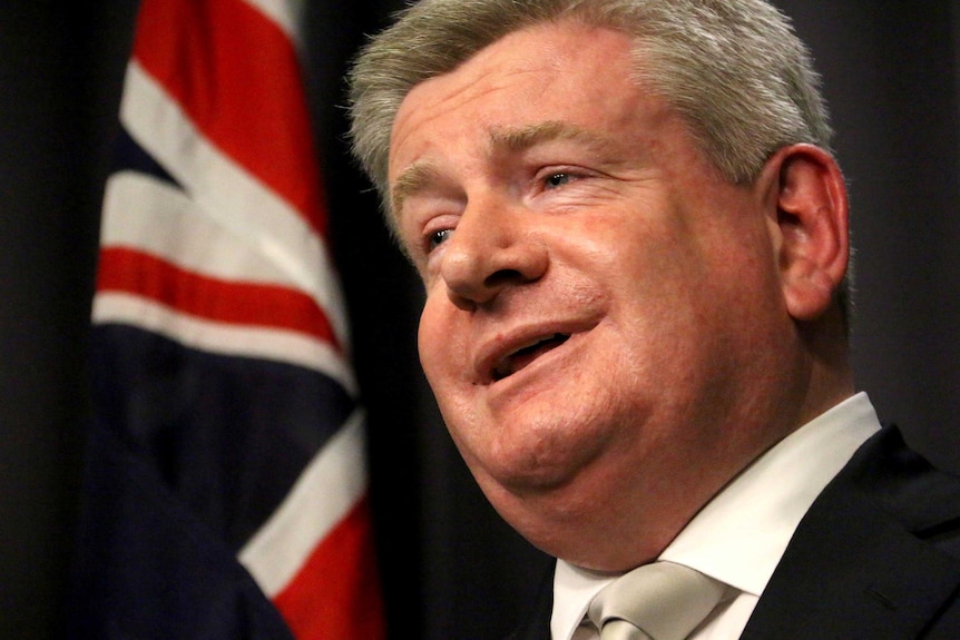 Headshot of Mitch Fifield speaking at a podium with an out of focus Australian flag behind.