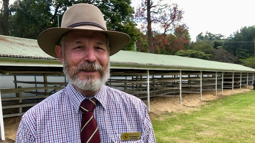 A man in a hat and checkered shirt and tie looking serious.