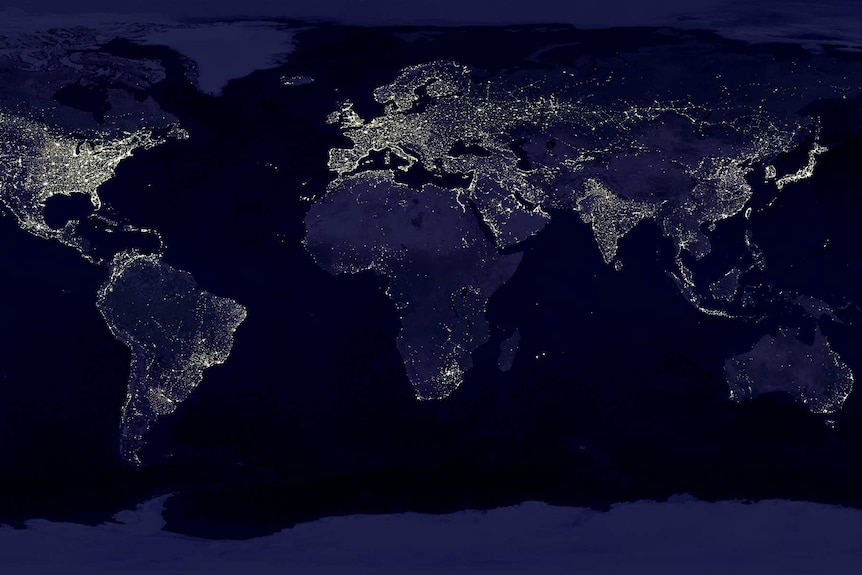 A view of the night skies of Earth from satellite images shows light pollution from our cities.