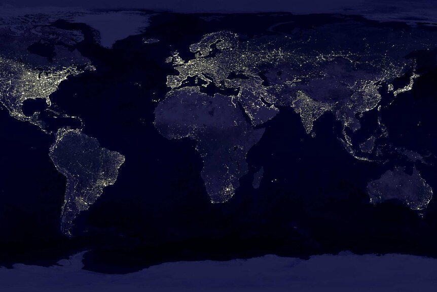 A view of the night skies of Earth from satellite images shows light pollution from our cities.