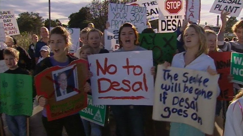 Protesters call for an end to the desalination plant at Kurnell.