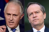 A composite image of Malcolm Turnbull talking to press and Bill Shorten listening with a serious look on his face.