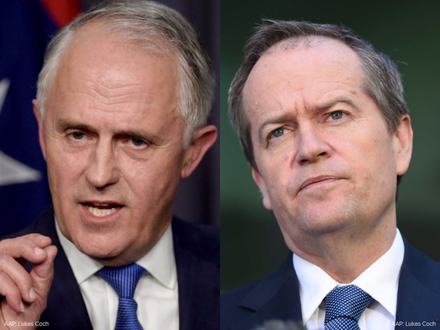 A composite image of Malcolm Turnbull talking to press and Bill Shorten listening with a serious look on his face.