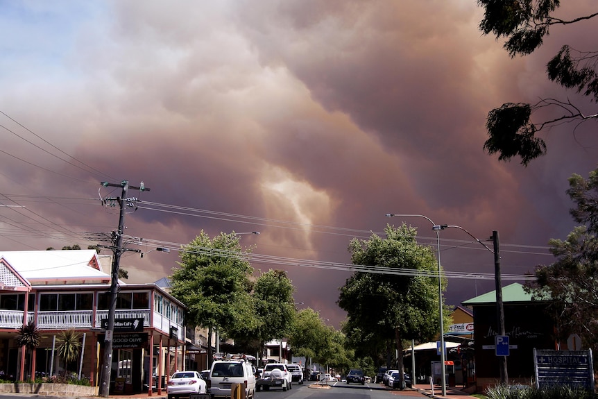 A column of smoke from a large bushfire drifts skywards over Margaret River.