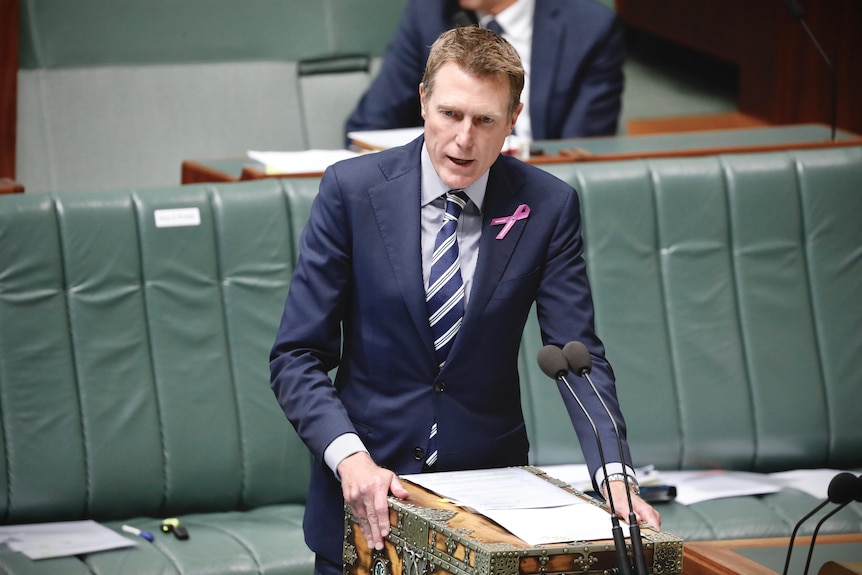 Christian Porter wearing a navy suit standing in Parliament mid-sentence