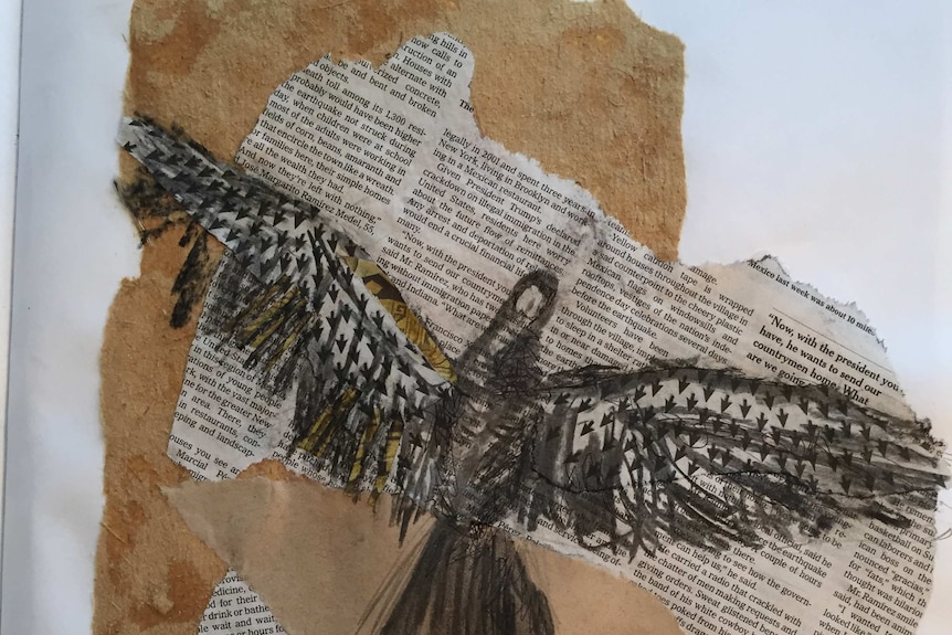 An artwork depicting a bird on newspaper text